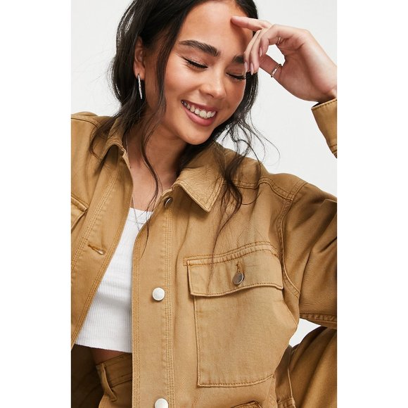 Topshop oversized cotton utility shacket with front pockets in camel, NWT! - Picture 2 of 5